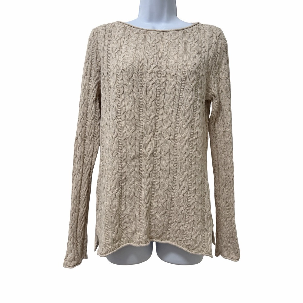 Ralph Lauren Womens Round Neck Cable Knit Sweater Size M Ivory Preppy Classic